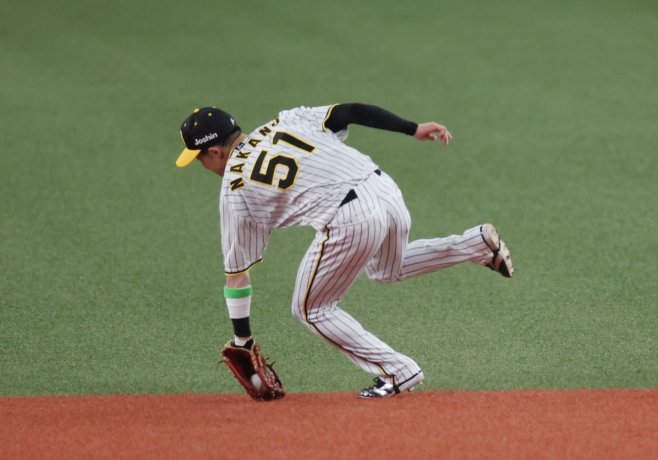 阪神対DeNA 1回表DeNA1死、林の二ゴロで好守を見せる中野（撮影・前田充）