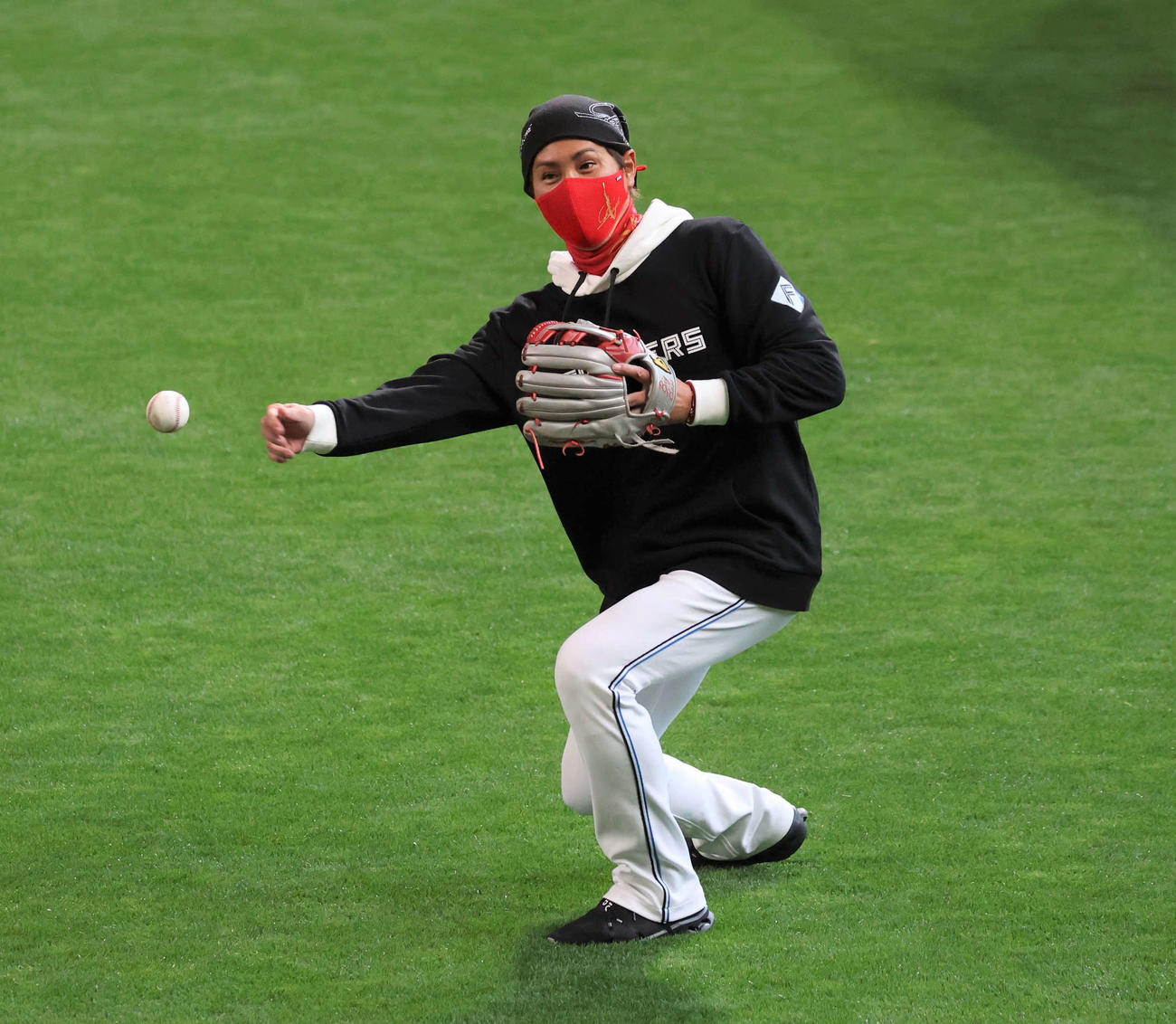 外野で球拾いをする日本ハム新庄監督（撮影・黒川智章）