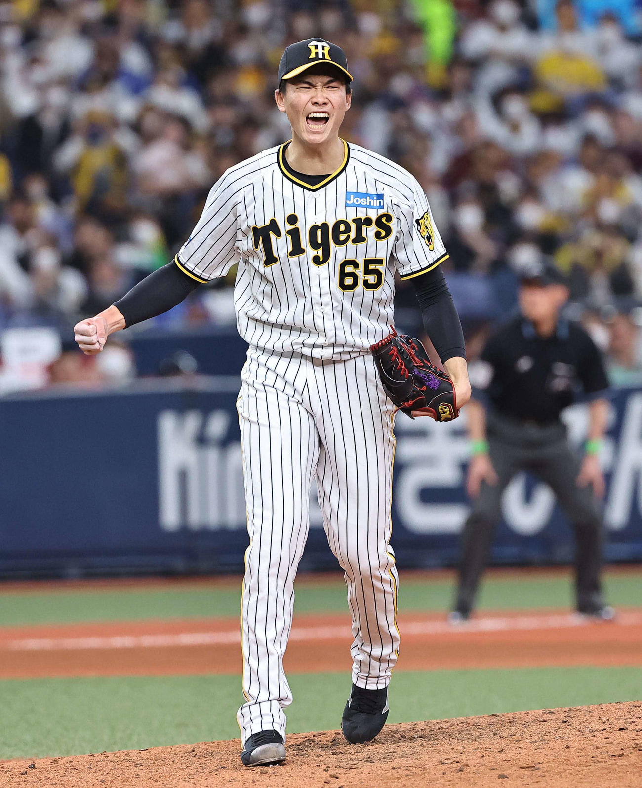 阪神対DeNA 9回表DeNA1死満塁、佐野から三振を奪い雄たけびを上げる湯浅（撮影・上田博志）