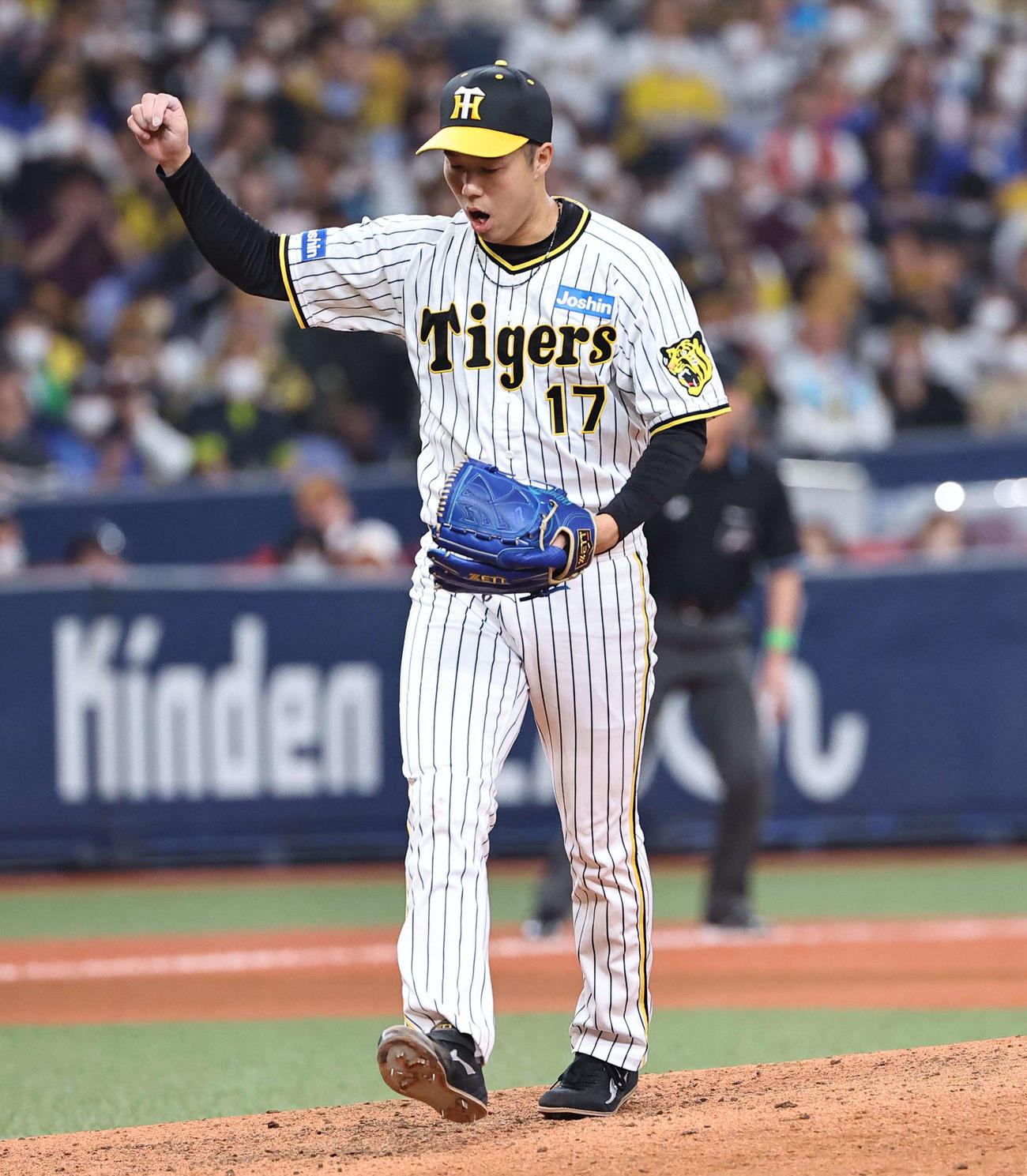 阪神対DeNA 5回表DeNA2死一塁、戸柱から三振を奪った青柳は雄たけびをあげる（撮影・上田博志）