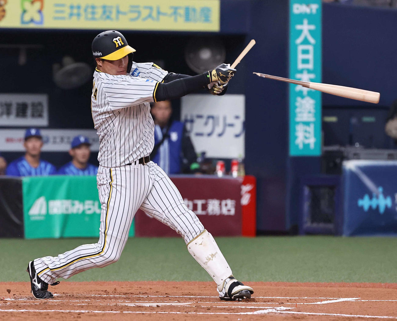 阪神対DeNA 2回裏阪神無死、バットを折りながらも中前打を放つ大山（撮影・上田博志）