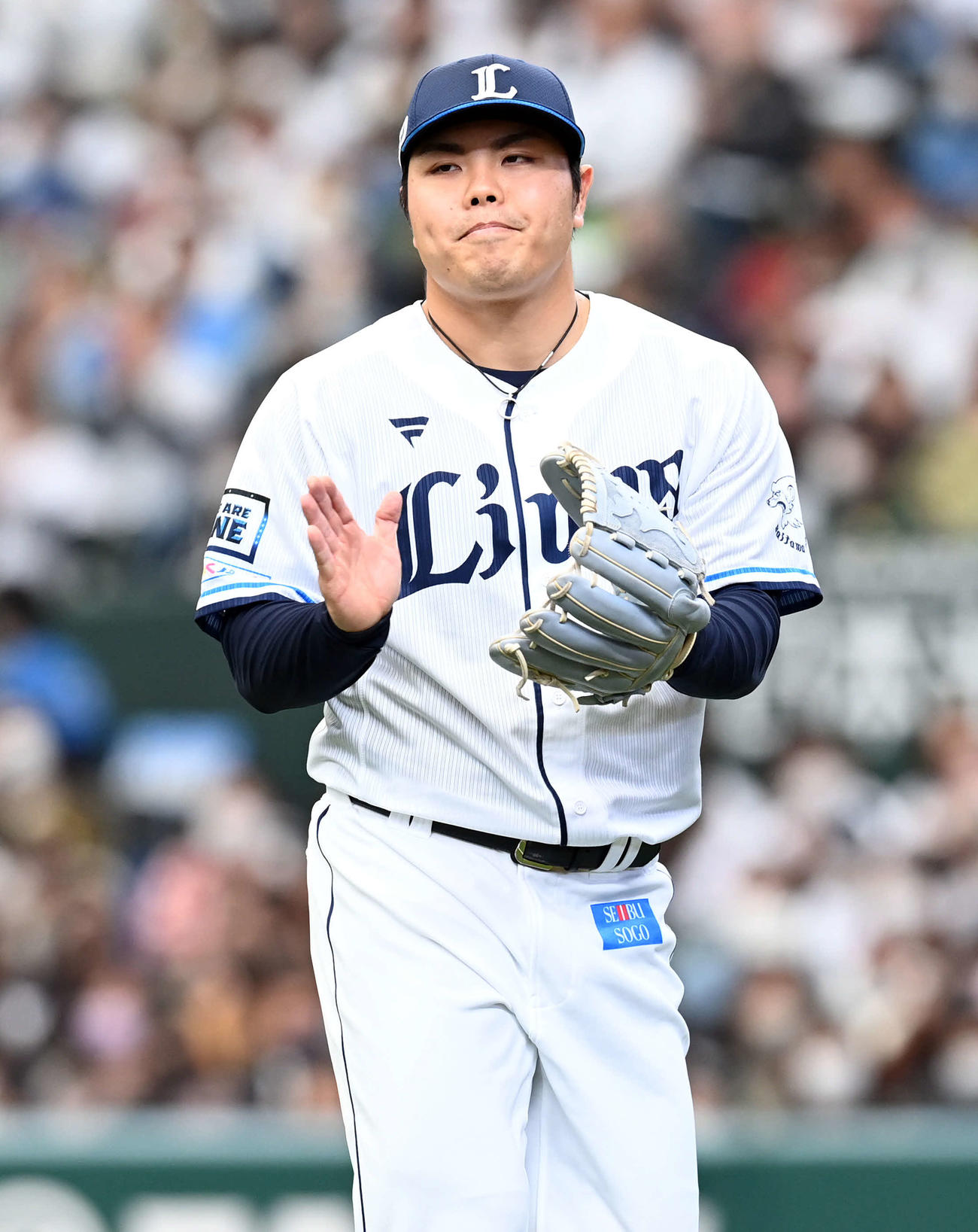 西武対オリックス　2回を無失点に抑えグラブをたたく西武の先発平良（撮影・たえ見朱実）
