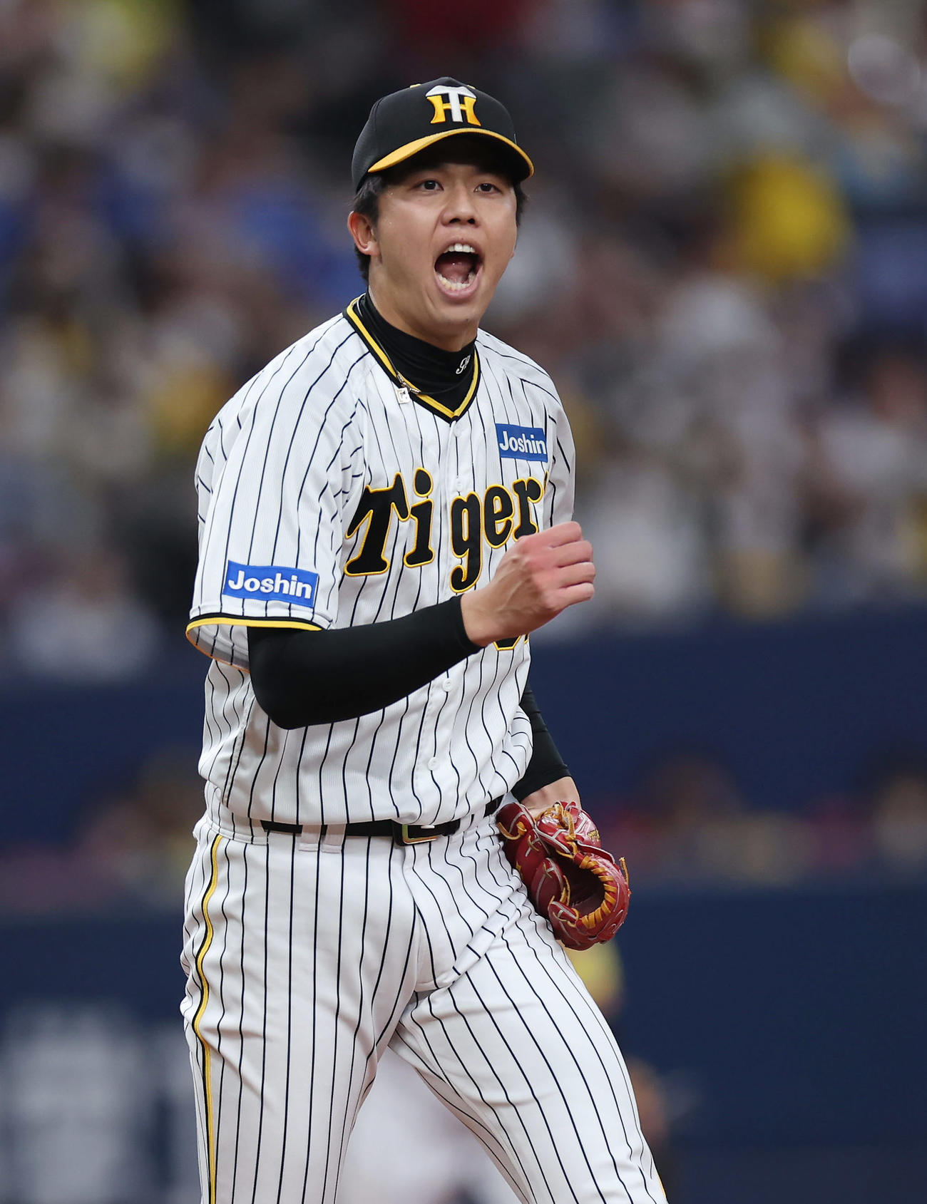 阪神対DeNA 6回表DeNA2死一塁、ソトを空振り三振に仕留め、雄たけびを上げる才木（撮影・前田充）
