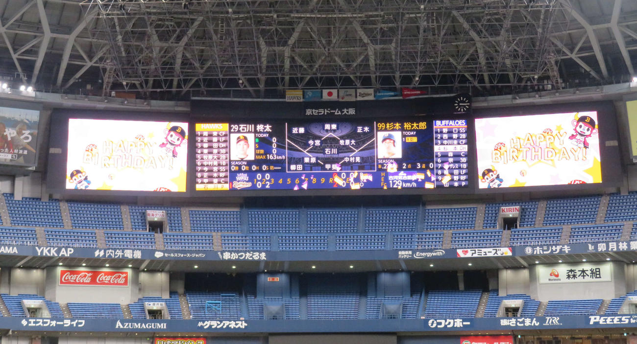 京セラドーム大阪に左右のウイングビジョンが新設され、ビジョンが拡大。こちらはオリックス選手の誕生日に流れる映像。※オーダーはテスト用（撮影・磯綾乃）