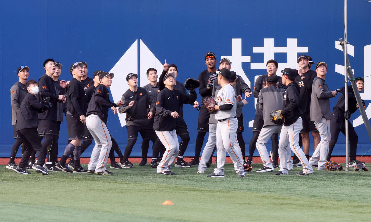 DeNA対巨人　試合前練習で巨人戸郷（左から3人目）の誕生日を祝福中、打球が飛んできて慌てる選手たち（撮影・宮地輝）