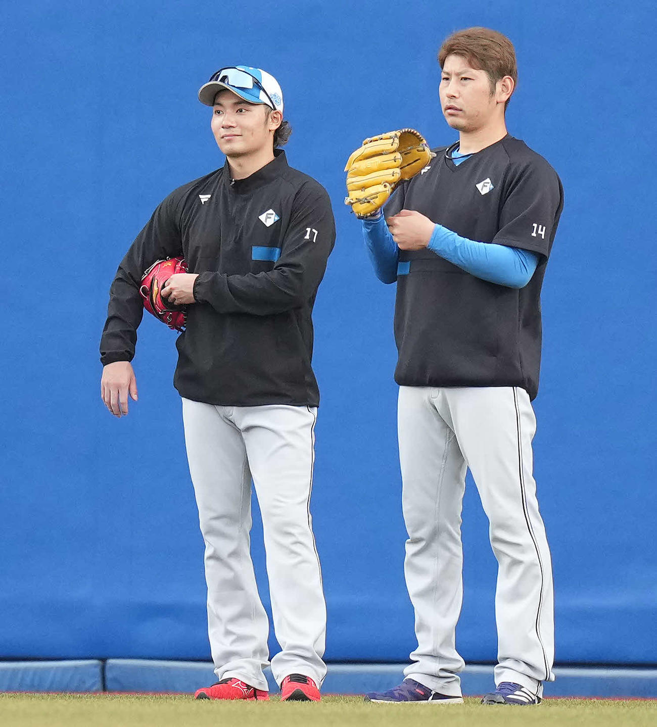 ロッテ対日本ハム　試合前練習で談笑する日本ハム加藤貴（右）と伊藤（2023年4月4日撮影）