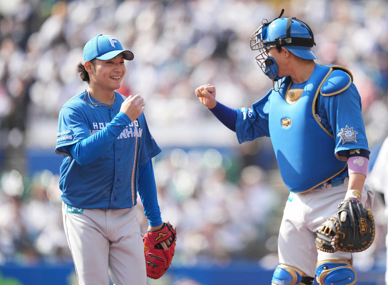 ロッテ対日本ハム　2回裏を終え、宇佐見（右）と笑顔でタッチを交わす日本ハム伊藤（撮影・鈴木みどり）