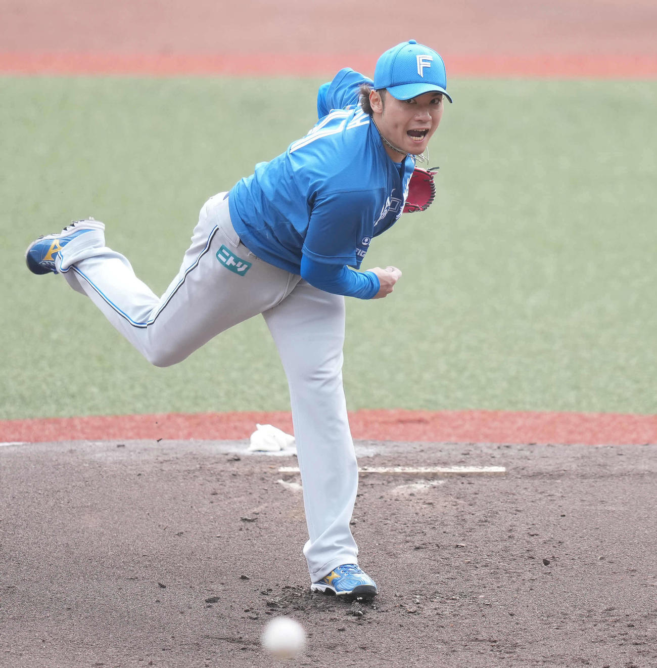 ロッテ対日本ハム　声を出しながら力投する日本ハム先発の伊藤（撮影・鈴木みどり）