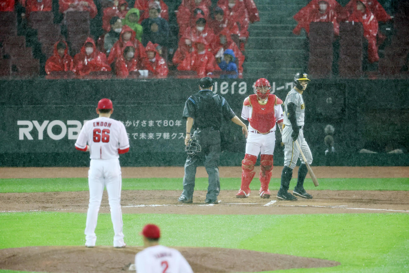 6回表阪神無死、打者佐藤輝のとき降雨中断となったマツダスタジアム（撮影・加藤哉）