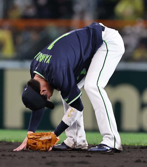 阪神対ヤクルト　4回裏阪神2死、山田は佐藤輝の打球をエラーする（撮影・上田博志）
