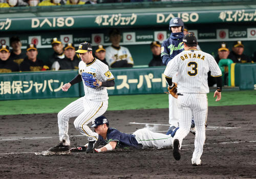 阪神対ヤクルト　5回表ヤクルト2死一、二塁、青柳（左）は丸山和（中央）の打球で一塁ベースカバーに入り捕球した大山からトスを受ける（撮影・加藤哉）