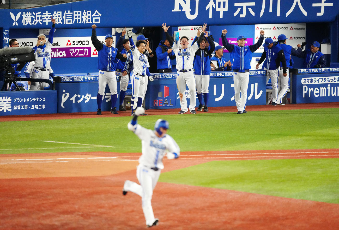 DeNA対巨人　7回裏DeNA2死一、二塁、代打楠本（手前）が3点本塁打を放ち、歓喜する選手たち。右端は三浦監督（撮影・江口和貴）