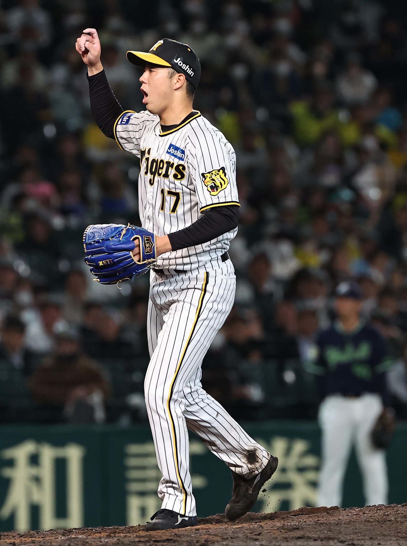 阪神対ヤクルト　6回表ヤクルト2死、村上から三振を奪い雄たけびをあげる青柳（撮影・上田博志）