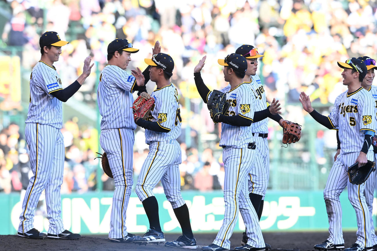 阪神対ヤクルト　ヤクルトに勝利、喜ぶ阪神ナイン（撮影・前岡正明）