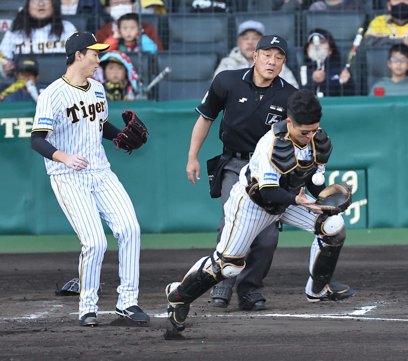 阪神対ヤクルト　9回表ヤクルト2死一塁、坂本（右）は内山の捕飛を受ける。投手は湯浅（撮影・上田博志）
