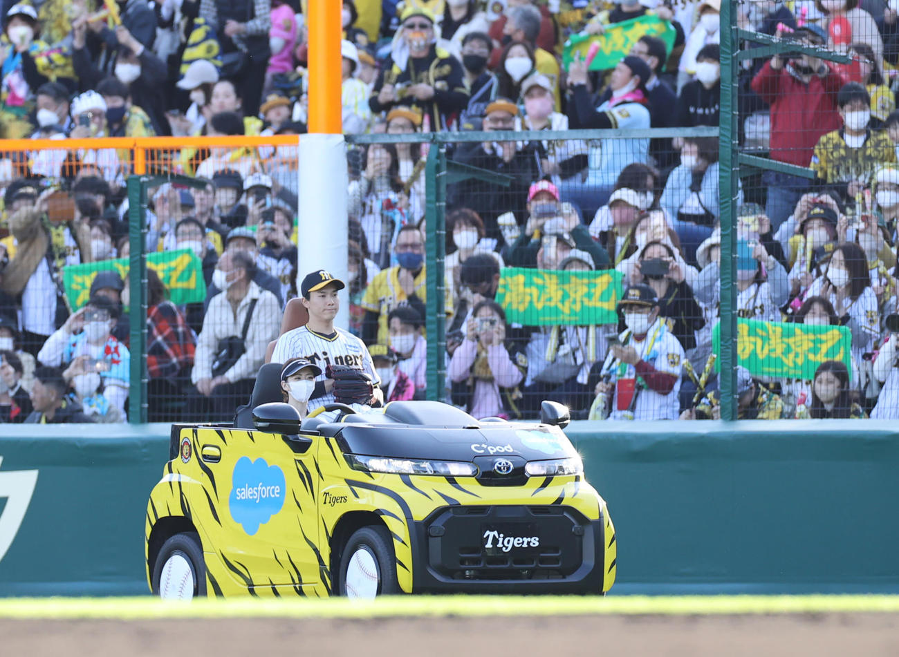 阪神対ヤクルト　ファンの声援を受けながら9回のマウンドに向かう阪神湯浅（撮影・清水貴仁）
