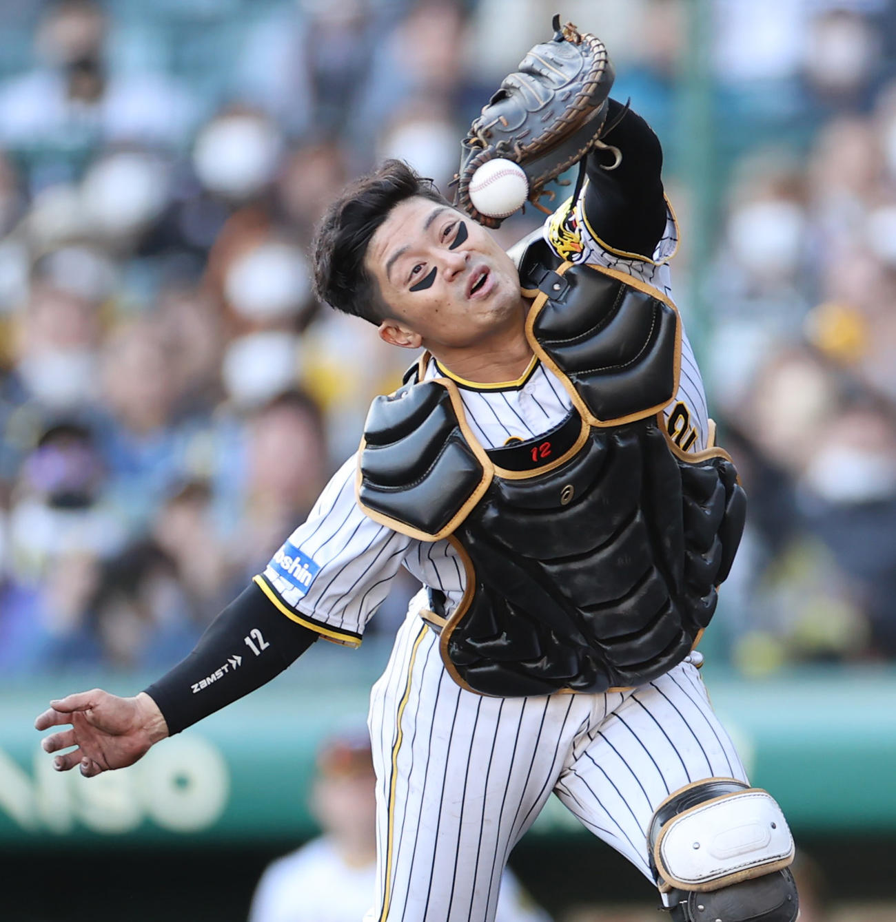 9回表ヤクルト2死一塁、坂本は風に流された内山の飛球をミットの先で捕球しゲームセット（撮影・清水貴仁）