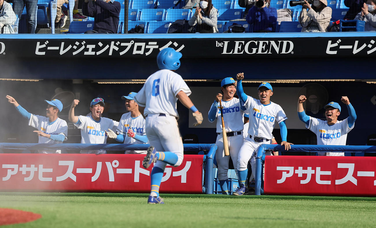 明大対東大　6回裏東大2死一、二塁、和田の中前適時打に盛り上がるベンチ（撮影・足立雅史）