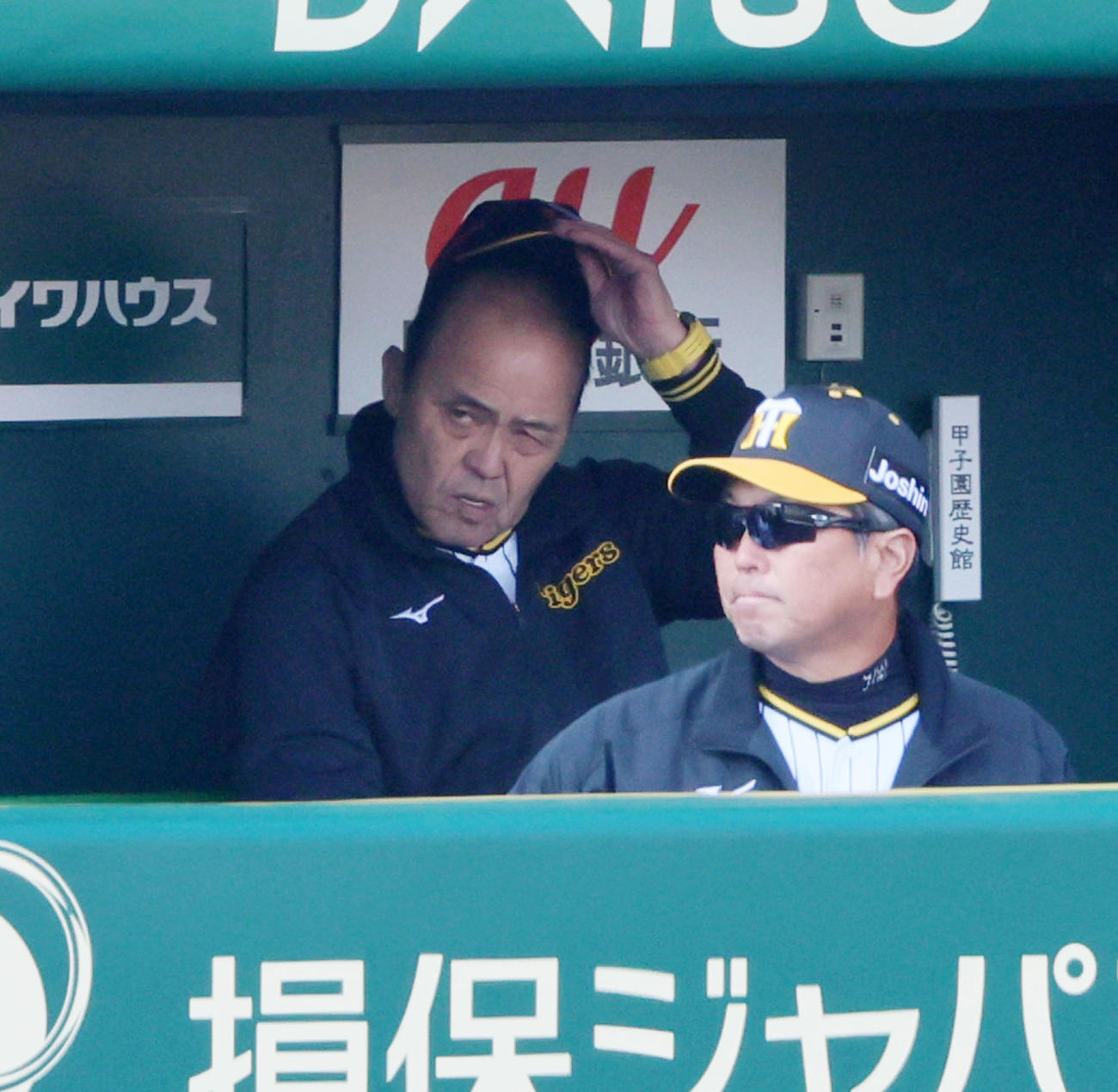 阪神対ヤクルト　5回表、ベンチで厳しい表情を見せる岡田監督（撮影・加藤哉）