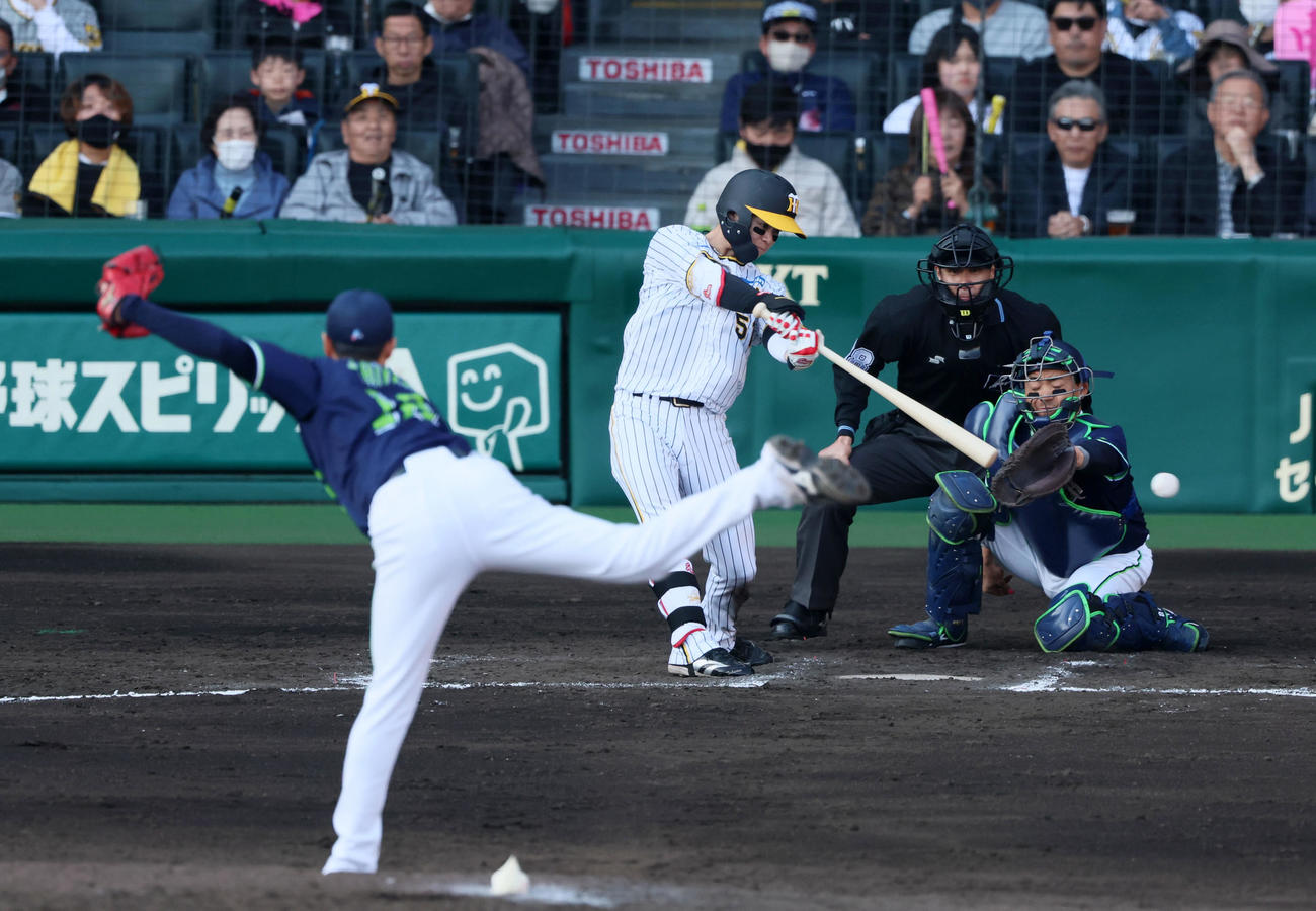 阪神対ヤクルト　7回裏阪神2死二塁、中野は左前打を放つ。投手は石山（撮影・加藤哉）