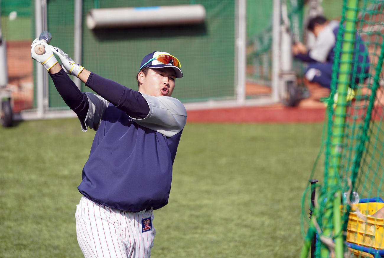 ヤクルト対DeNA　試合前、打撃練習を行う村上（撮影・狩俣裕三）