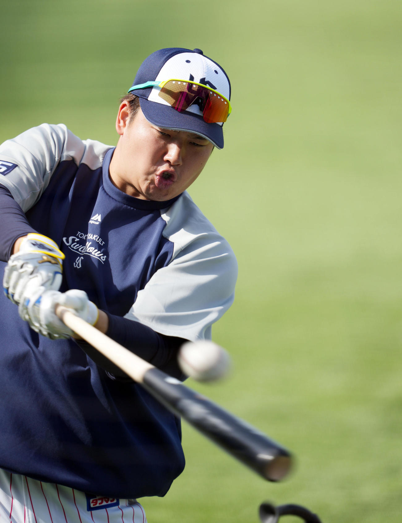 ヤクルト対DeNA　試合前、打撃練習を行う村上（撮影・狩俣裕三）