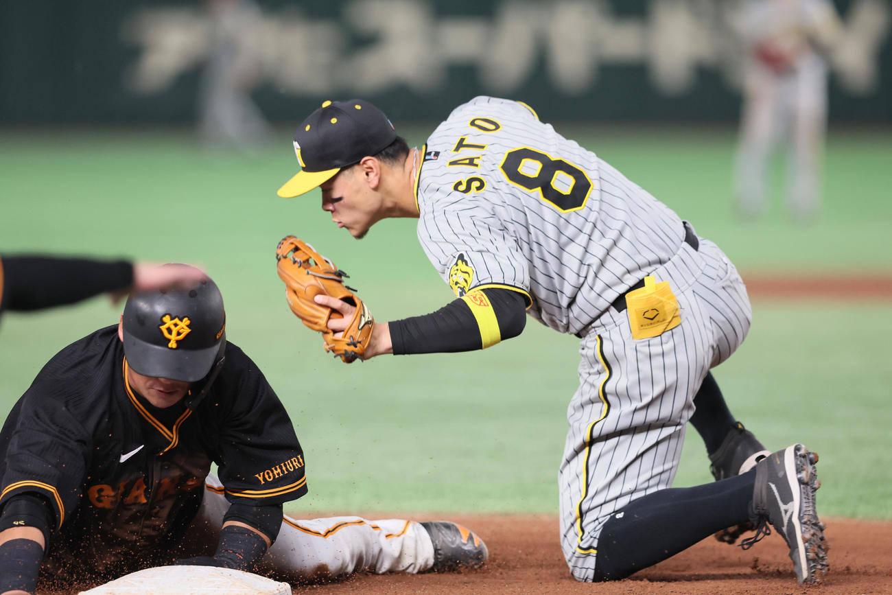 巨人対阪神　4回裏巨人無死二塁、二塁走者中田翔は坂本の右飛で三塁を狙うもタッチアウトになる。野手は佐藤輝（撮影・加藤哉）