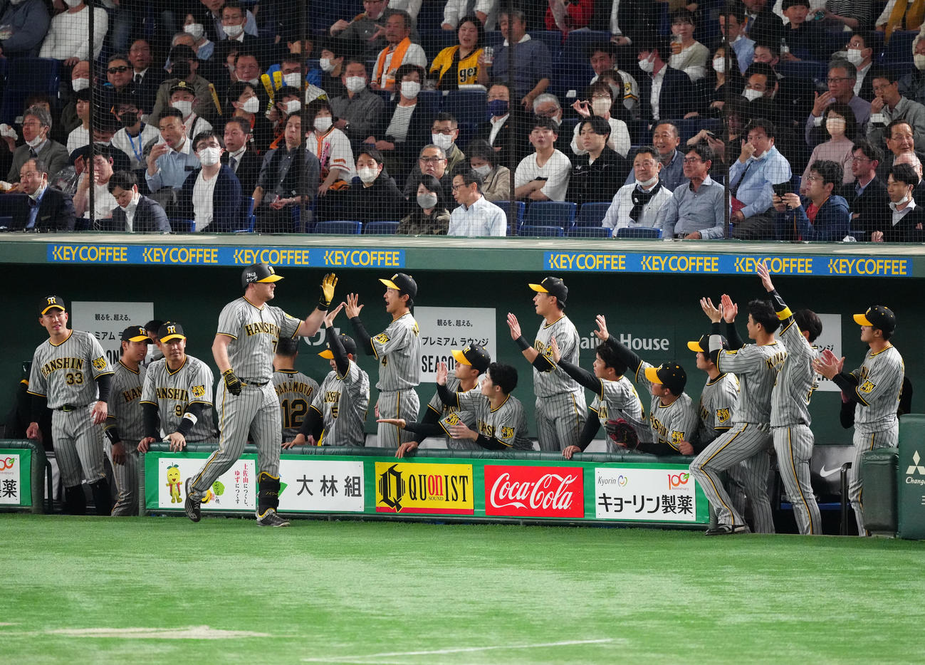 巨人対阪神　4回表阪神無死、先制ソロ本塁打を放ち、チームメートとタッチを交わすノイジー（手前）（撮影・江口和貴）