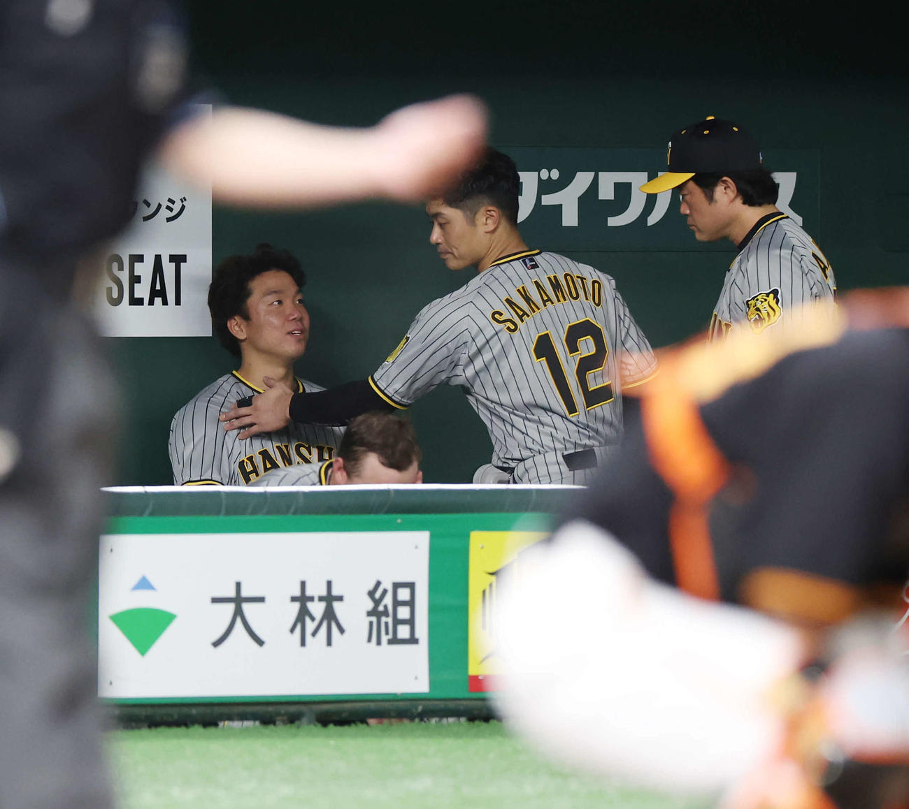 巨人対阪神　8回表1死、代打原口が送られ、交代となった村上（左）は、坂本（中央）のねぎらいを受ける。右は安藤コーチ（撮影・宮地輝）
