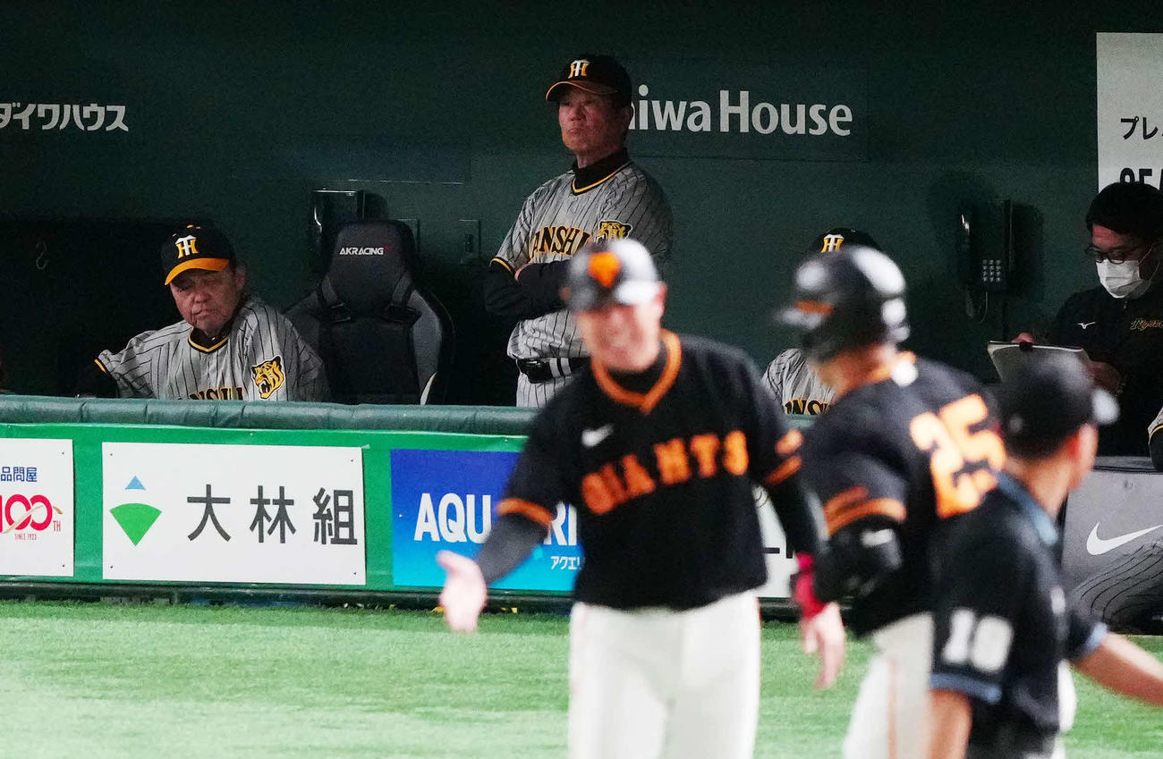 巨人対阪神　8回裏巨人無死、石井が岡本和（手前中央）に同点ソロ本塁打を浴び、ベンチで厳しい表情の岡田監督（左から2人目）（撮影・江口和貴）