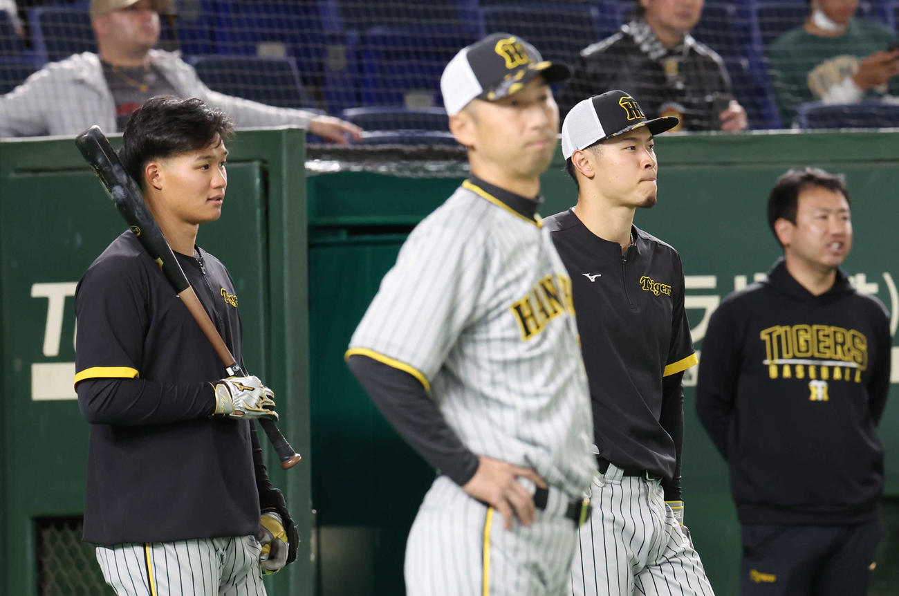 巨人対阪神　試合前練習を見つめる阪神森下（左）と佐藤（撮影・宮地輝）