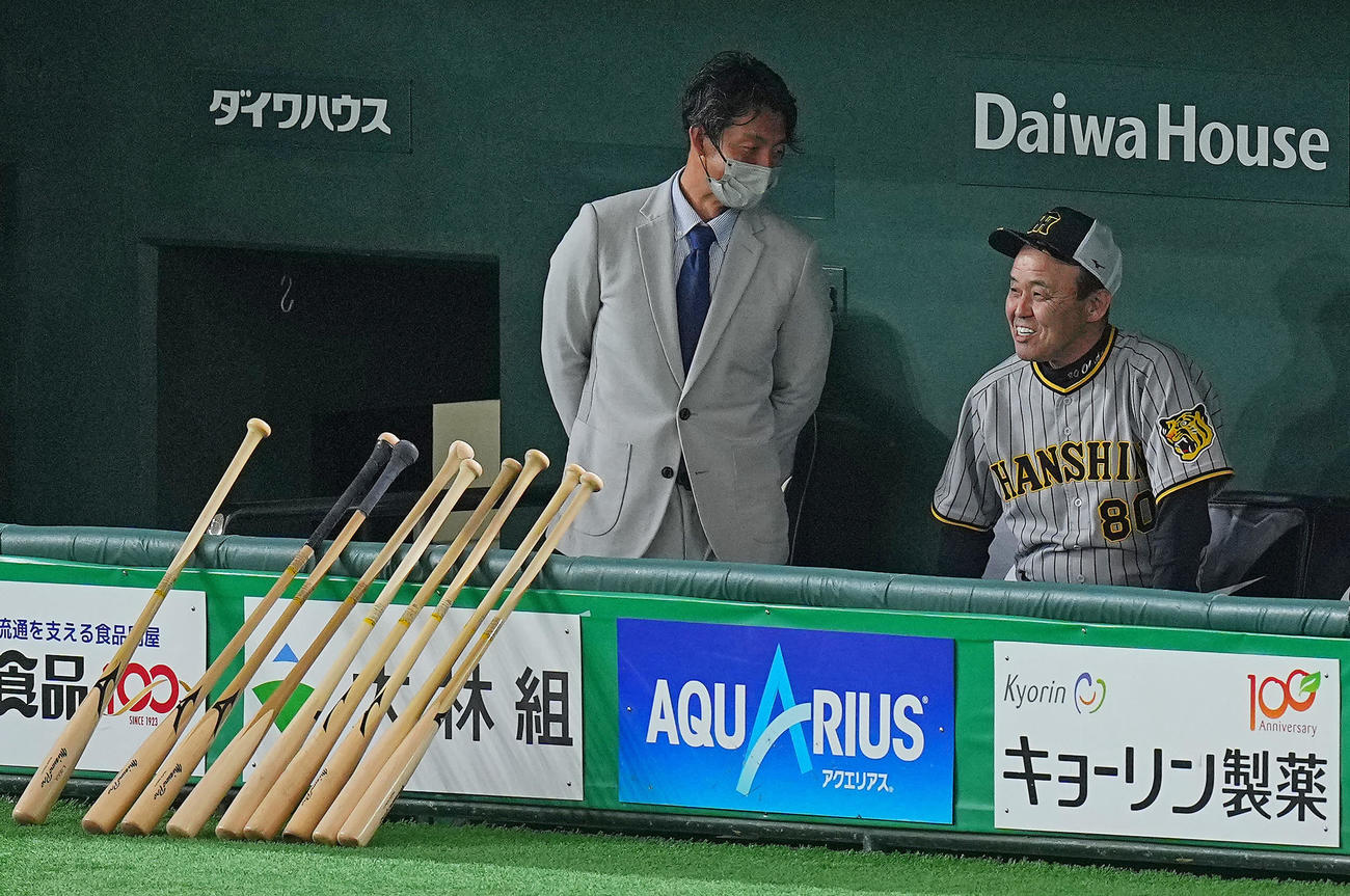 巨人対阪神　試合前、ベンチで談笑する鳥谷氏（左）と阪神岡田監督（撮影・垰建太）