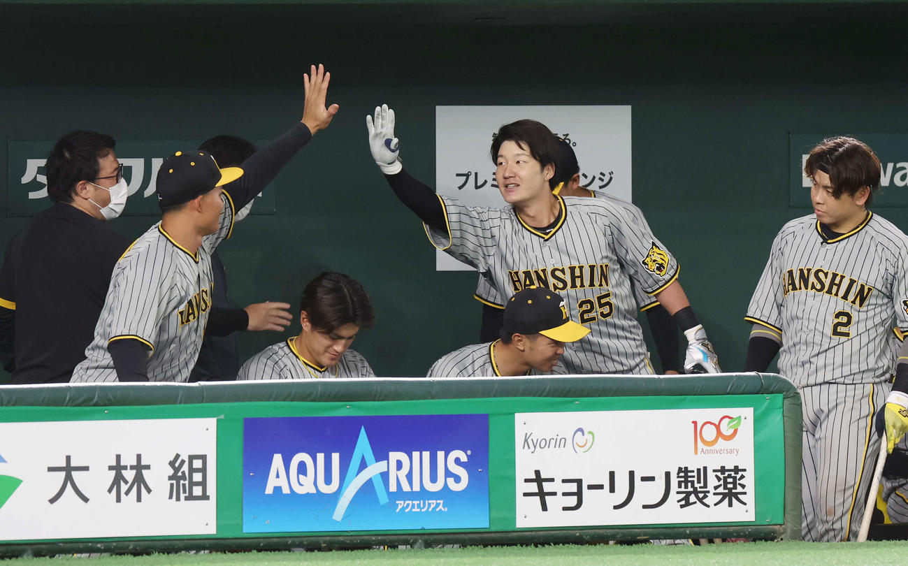 4回表阪神無死、左越えの勝ち越しソロ本塁打を放ち、チームメートとタッチを交わす渡辺諒（右から2人目）（撮影・宮地輝）