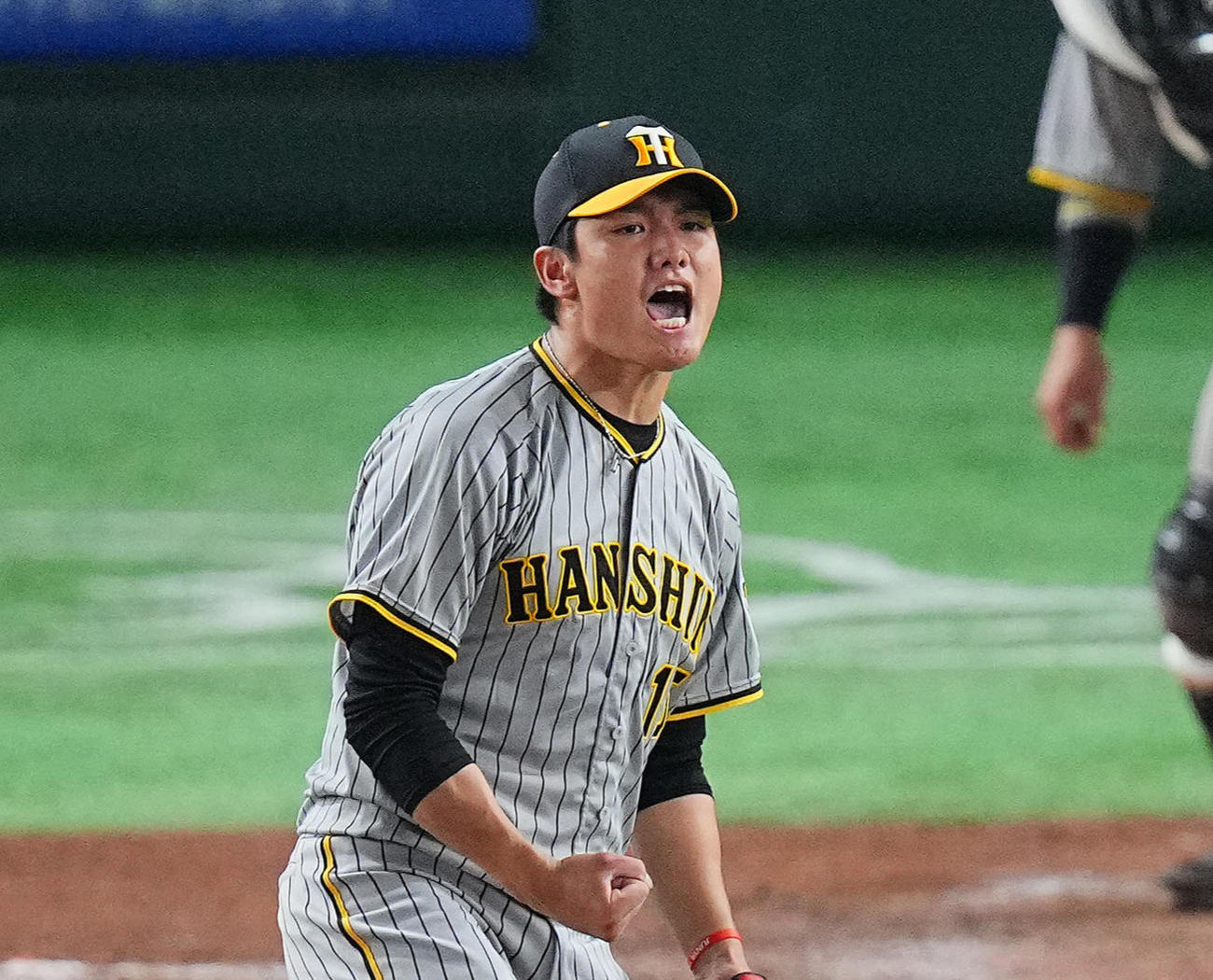 6回裏巨人1死一、二塁、大城を三直に仕留め雄たけびを上げる西純矢（撮影・垰建太）