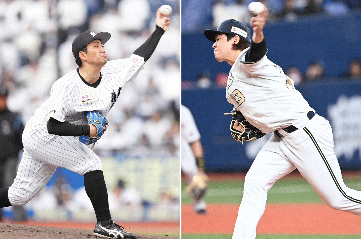 ロッテ小島和哉（左）とオリックス宮城大弥