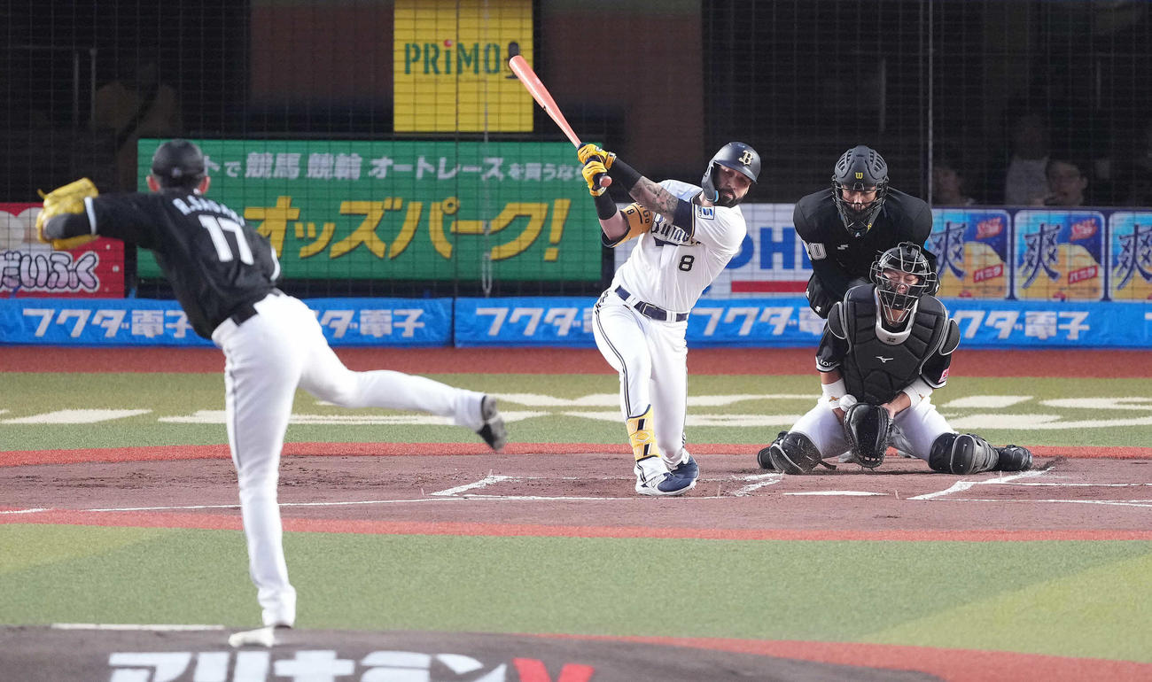 ロッテ対オリックス　1回表オリックス1死、空振り三振に倒れるゴンザレス。投手佐々木朗（撮影・鈴木みどり）