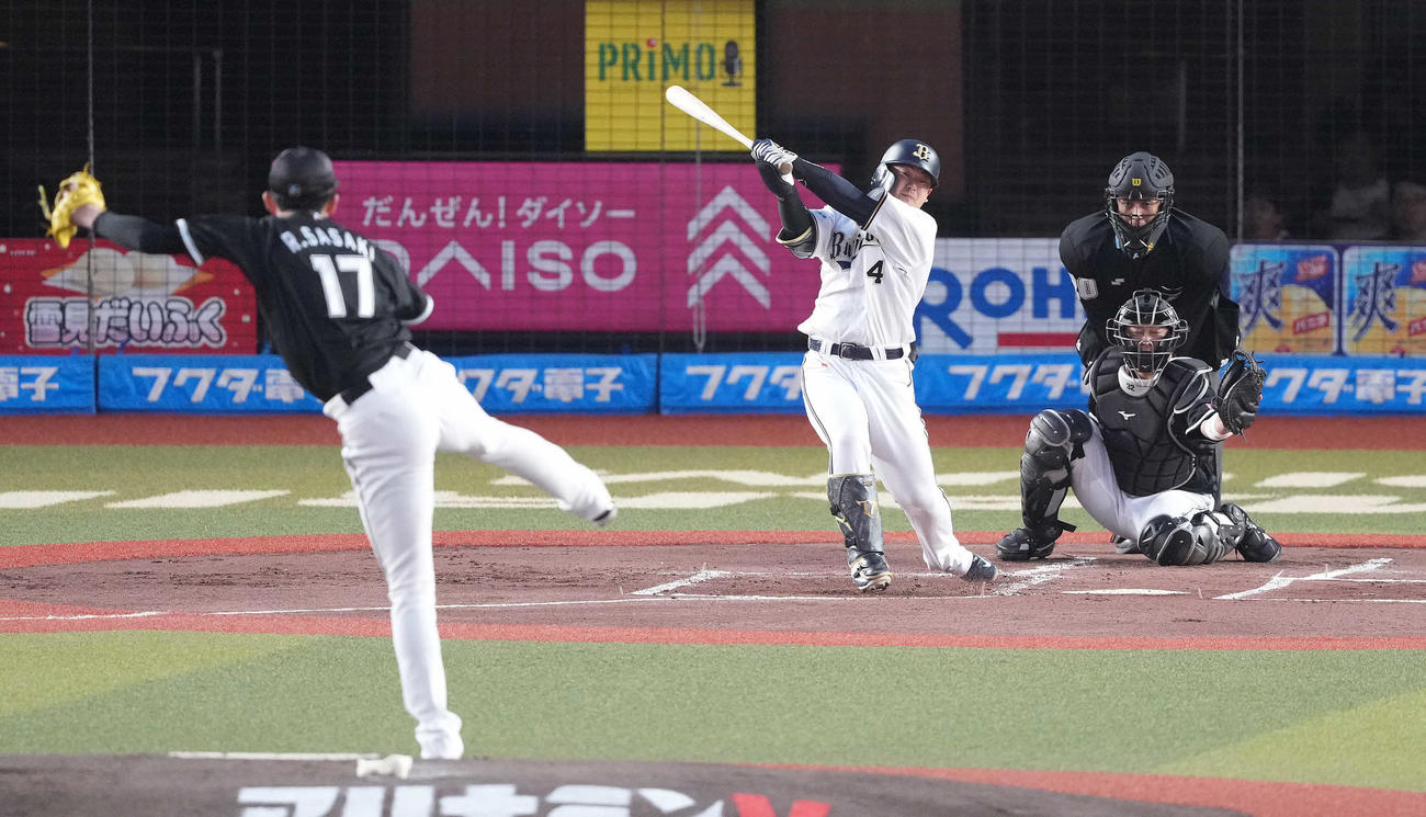 ロッテ対オリックス　1回表オリックス2死、空振り三振に倒れる森。投手佐々木朗（撮影・鈴木みどり）