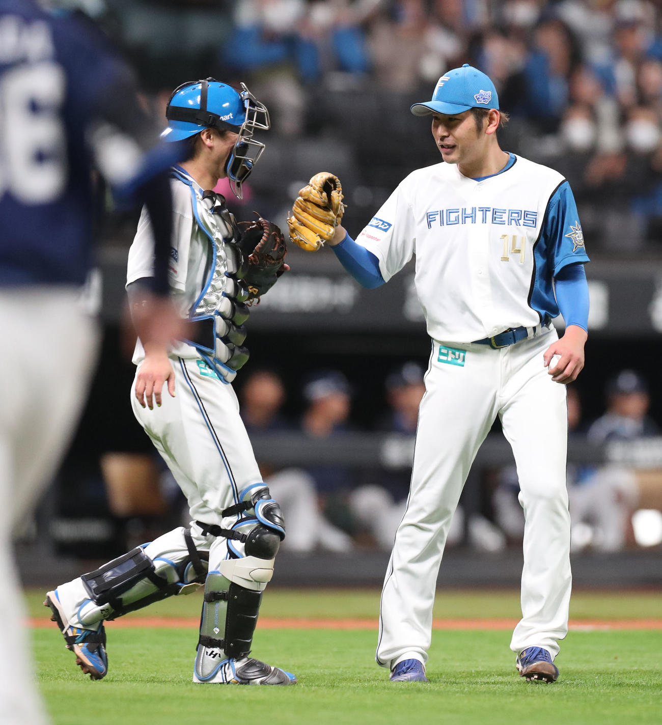 日本ハム対西武　試合終了後、笑顔でタッチを交わす日本ハム伏見（左）と加藤貴（撮影・佐藤翔太）