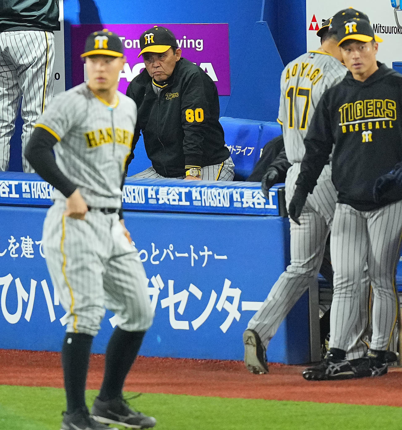 DeNA対阪神　5回裏DeNA2死二塁、青柳（17番）を交代させ佐藤輝（左）を投入する岡田監督（中央）（撮影・垰建太）