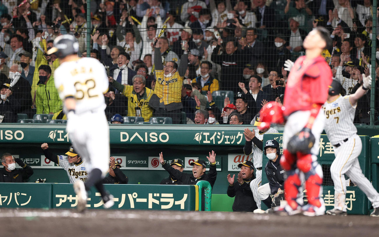 阪神対広島　9回裏阪神2死満塁、岡田監督は中野の逆転サヨナラ左前2点適時打で手を挙げて喜ぶ（撮影・上山淳一）