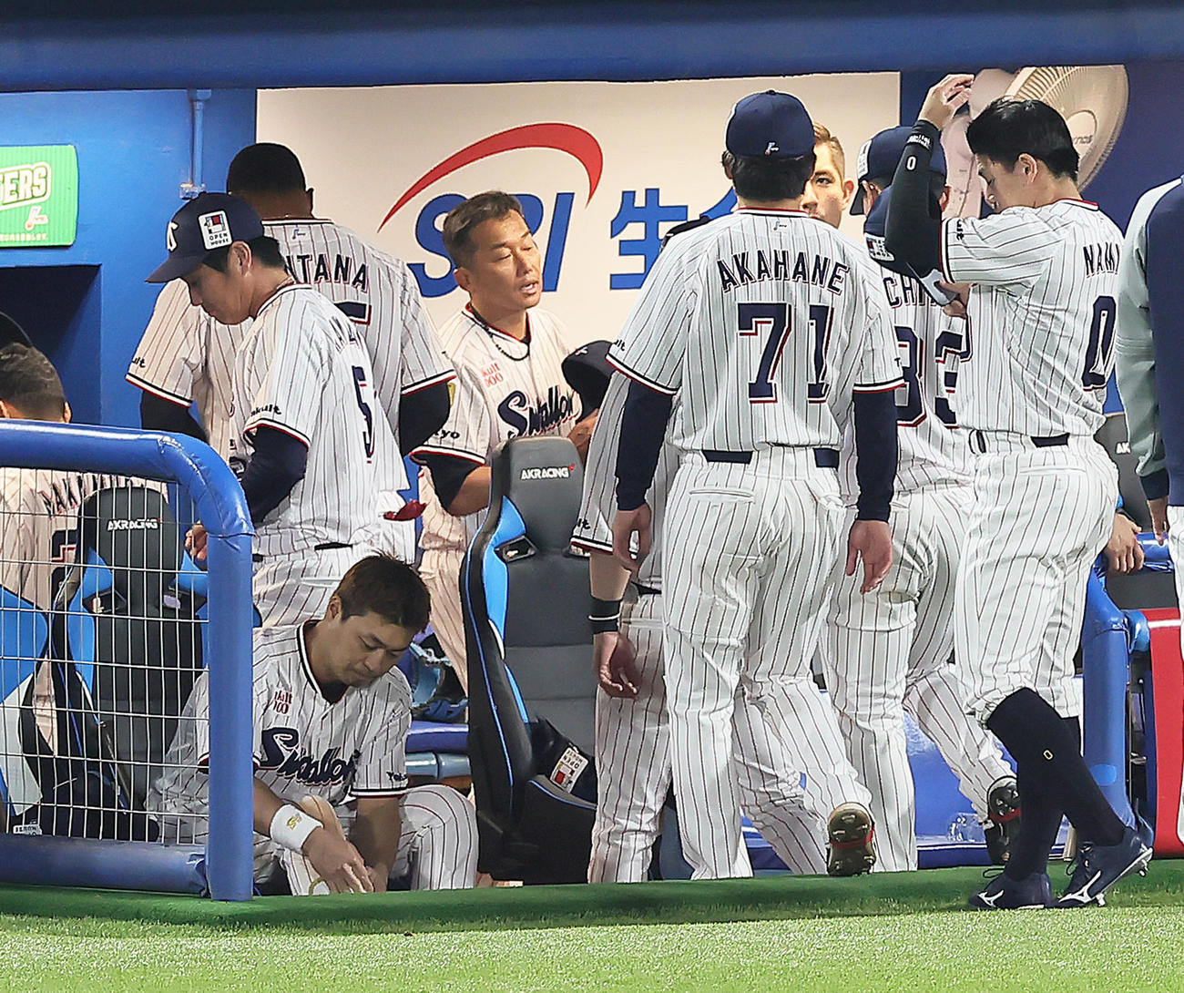 ヤクルト対中日　5回表中日の攻撃を3者凡退で抑えベンチに戻るヤクルト石川（中央）（撮影・足立雅史）