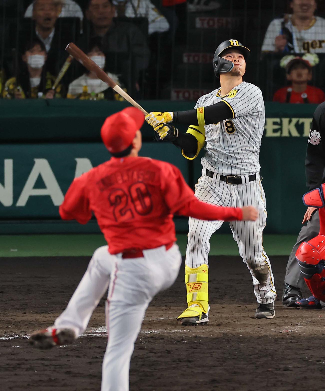 阪神対広島　9回裏阪神無死一、二塁、佐藤輝は左飛に倒れる（撮影・上田博志）