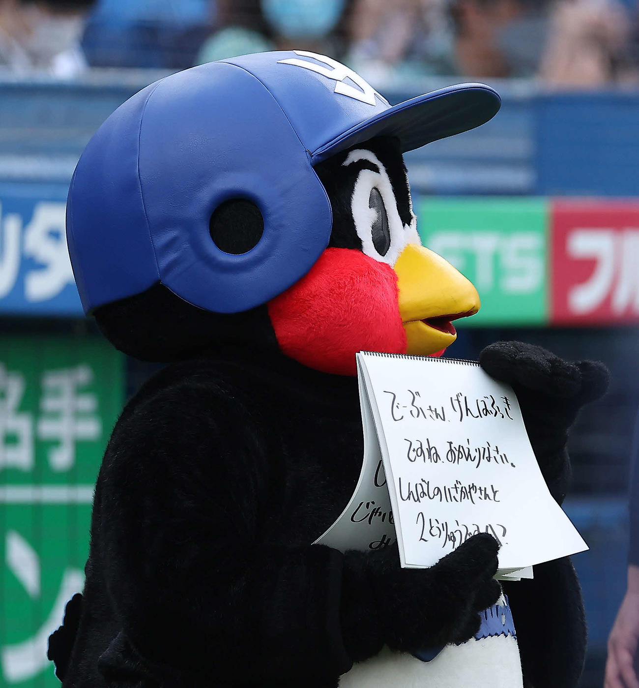 ヤクルト対巨人　試合前、つば九郎のフリップ芸（撮影・河田真司）