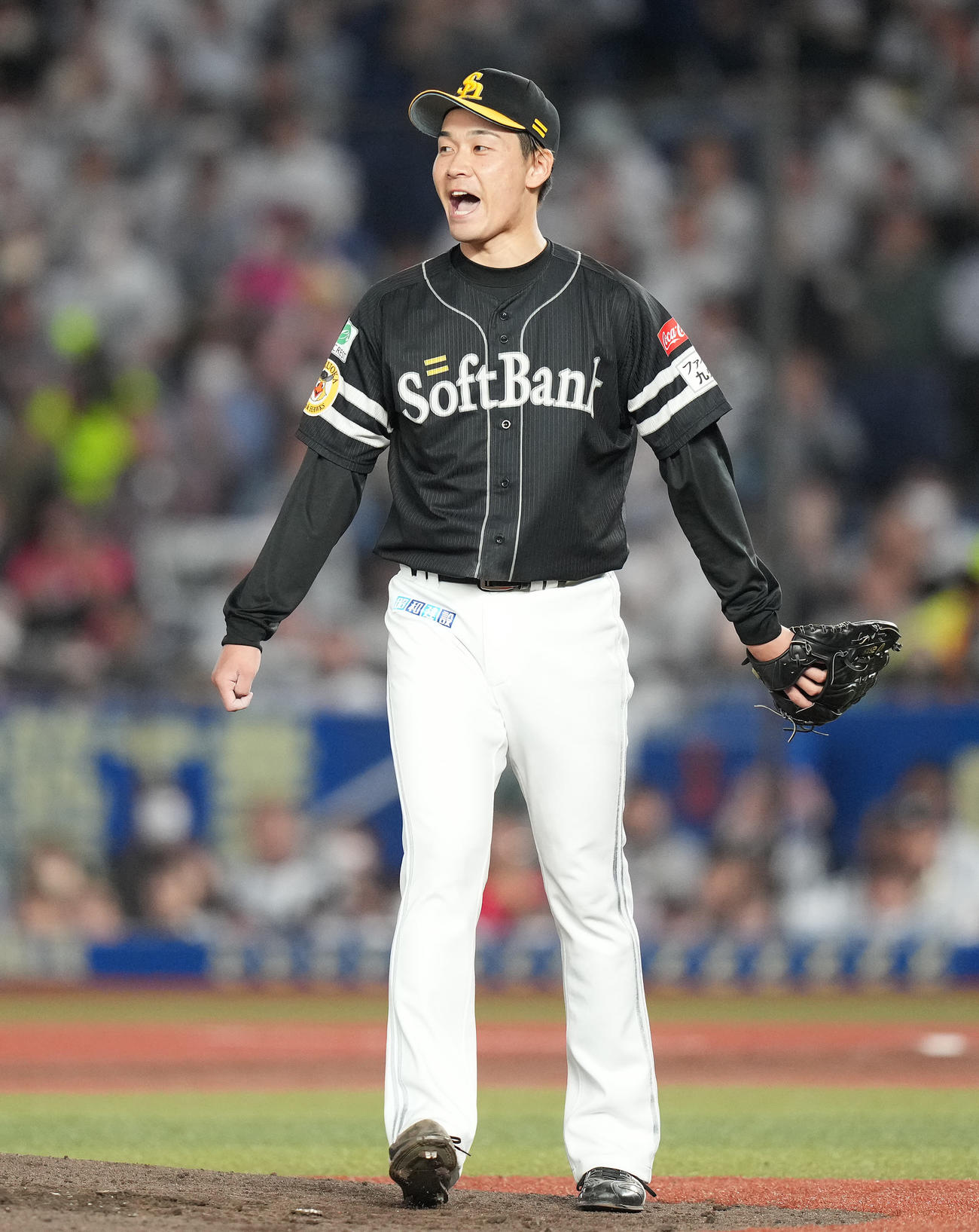 ロッテ対ソフトバンク　2回裏ロッテ2死一、三塁、佐藤都を遊飛に仕留め、ほえる武田（撮影・鈴木みどり）