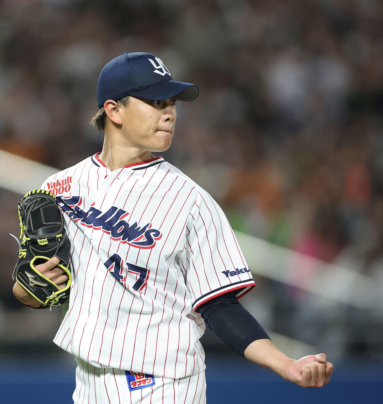 ヤクルト対巨人　5回表巨人1死満塁、大城卓を併殺に仕留め、ガッツポーズする高橋（撮影・河田真司）