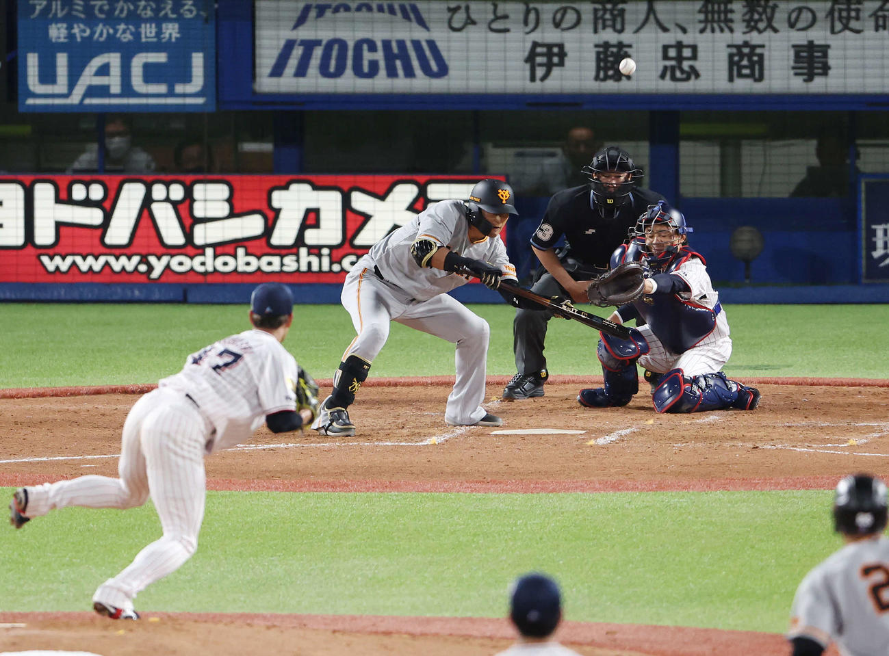 ヤクルト対巨人　5回表巨人無死一、二塁、送りバントするも捕邪飛となる吉川。投手高橋（撮影・宮地輝）