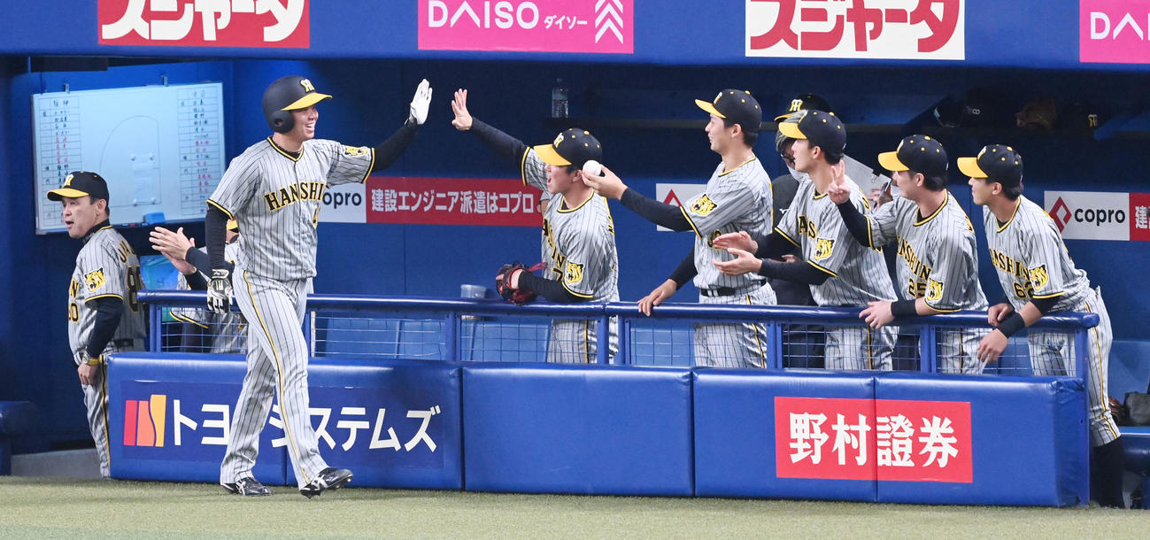 中日対阪神　6回表阪神無死一塁、近本の先制右適時三塁打で生還した村上（左）は笑顔でナインとタッチ（撮影・前岡正明）