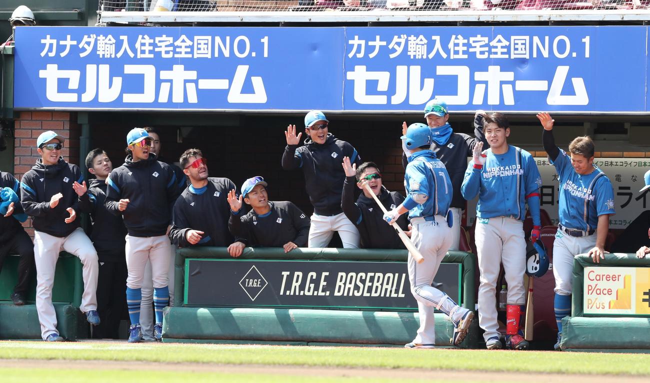 楽天対日本ハム　1回表日本ハム無死、左越え本塁打を放った松本剛はナインに出迎えられる（撮影・黒川智章）