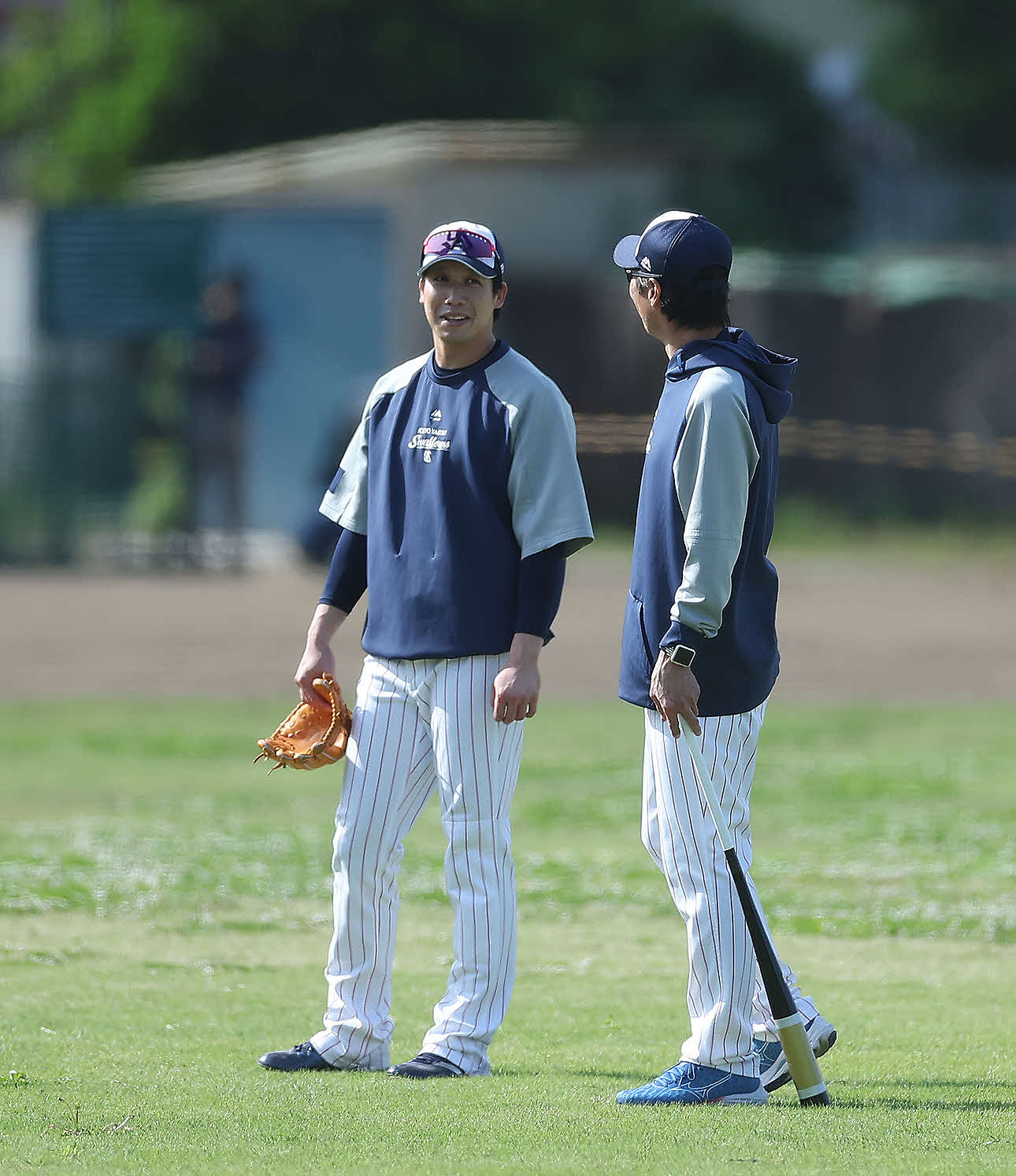 ヤクルト対巨人　試合前、言葉を交わすヤクルト山田（左）と高津監督（撮影・河田真司）
