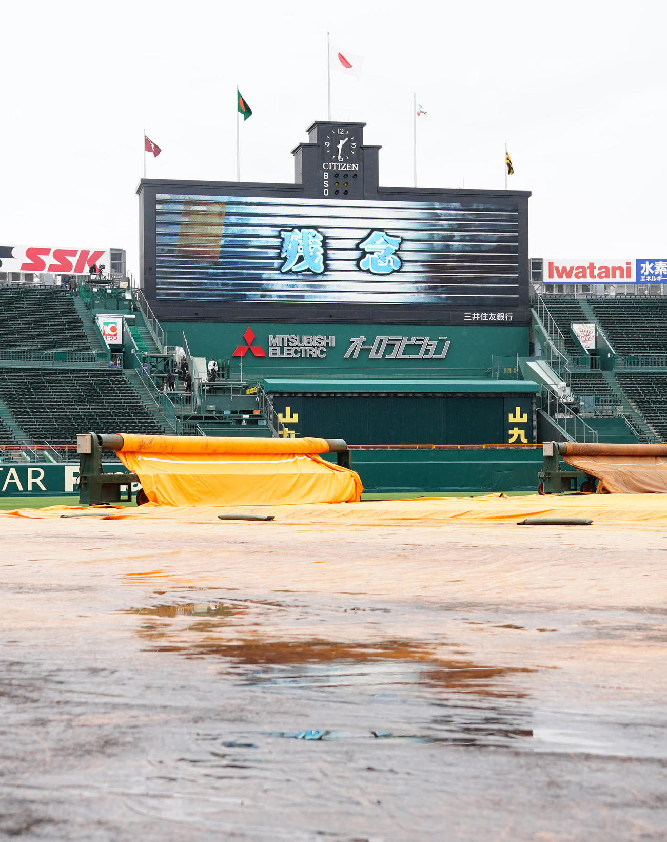 阪神対巨人　試合前、グラウンドにシートが敷かれた甲子園球場（撮影・江口和貴）